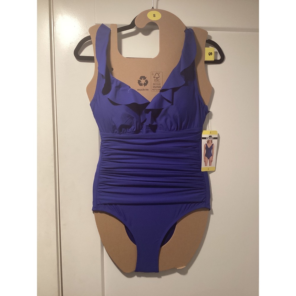 DKNY Womens Ruffle V-Neck Ruched One Piece Swimsuit Blue S 1943727‎ - Picture 1 of 6